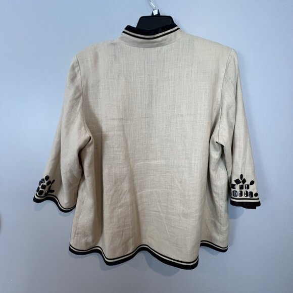 Linea Louis Dell'Olio Jacket Blazer Women Plus 1X Linen Cream Black Beaded - Picture 7 of 8